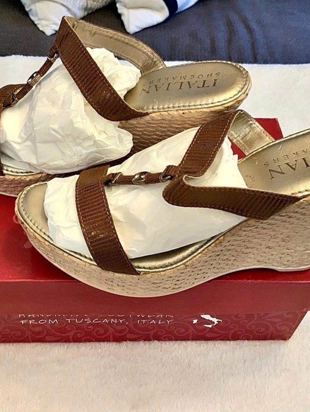 Italian Shoemakers Wedge Sandals in Brown & Gold size 9.5 new sku 3391